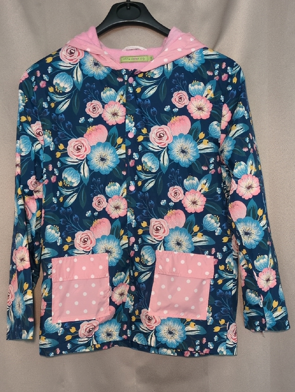 Millie Loves Lily Floral Hooded Jacket with Pink Trim